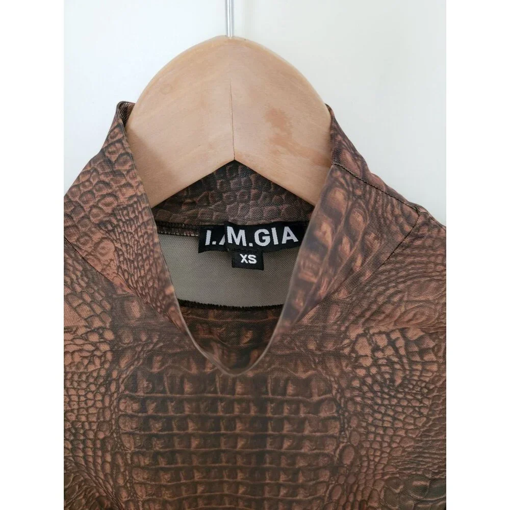 I.AM.GIA Kenzie Crocodile Print Long Sleeve Bodysuit With Thumbholes Women's XS - Picture 5 of 9
